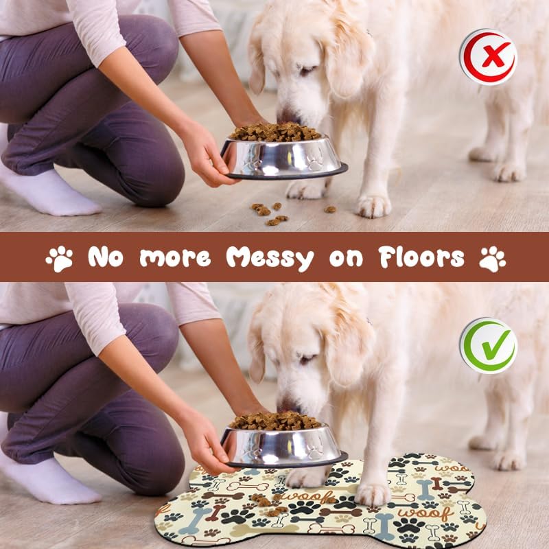 Dog Food Mats for Floors Waterproof, Pet Feeding Absorbent Water Bowl Mat Cat Placemats Beige Bone