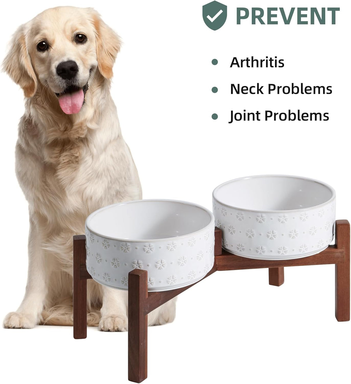 7.3inch Ceramic Raised Double Bowls Set with Acacia Wood Stand, Food & Water Bowls for Medium Breed