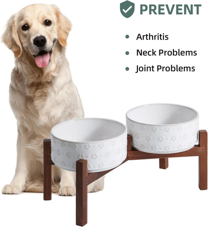 7.3inch Ceramic Raised Double Bowls Set with Acacia Wood Stand, Food & Water Bowls for Medium Breed