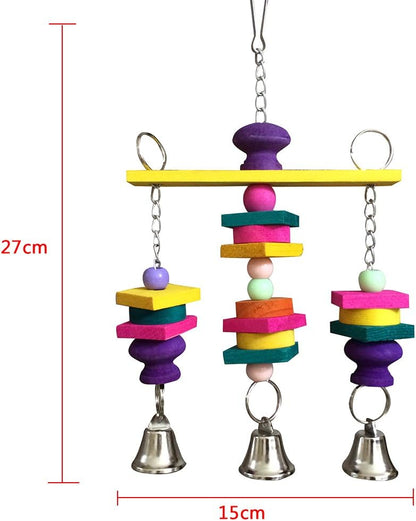 Hypeety Parrot Hanging Swing Bells Chew Toy Colorful Hanging Wood Block Natural Birds Toy for