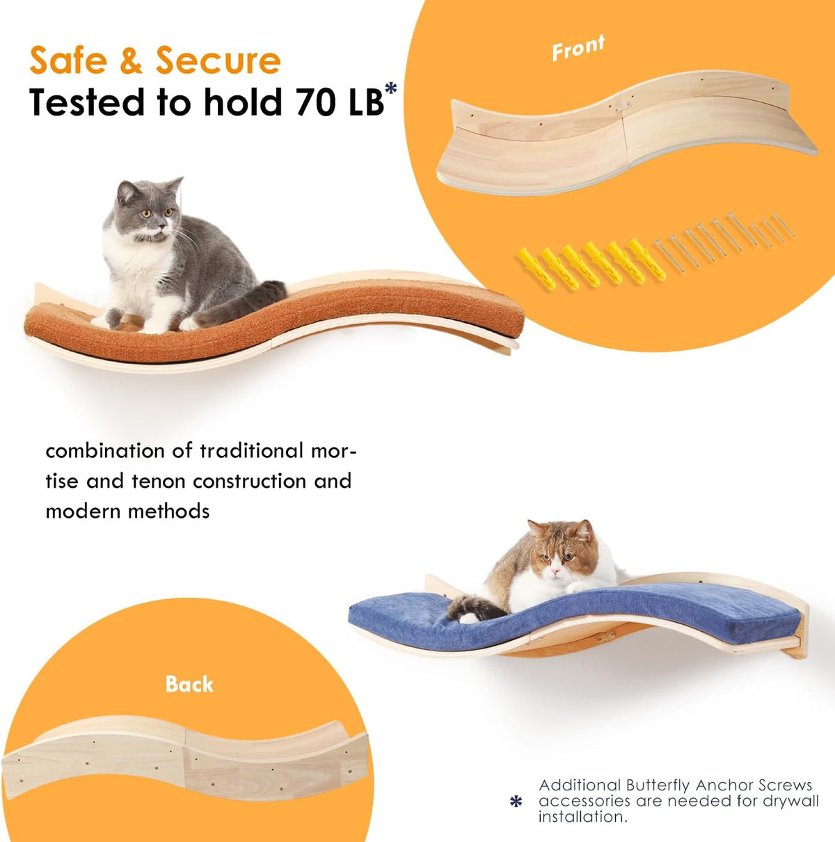 Cat Wall Shelves for Large Cats - Wall Mounted Furniture with Comfortable Cushion, Perfect Perch