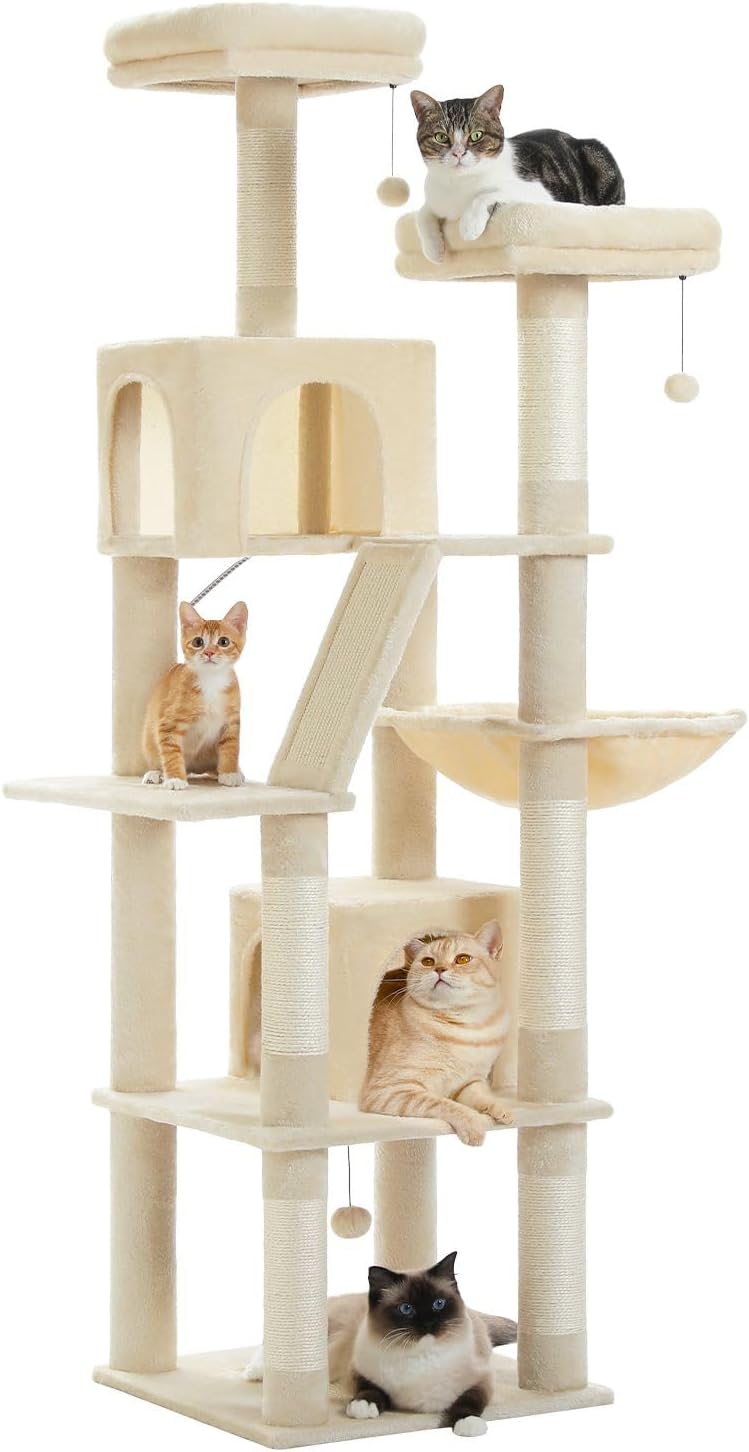 PAWZ Road 70 Inch Cat Tower, Tall Cat Tree with 2 Cozy Condos, 2 Plush Perch, Large Basket, 2