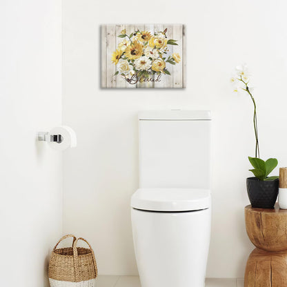 Sunflower Bathroom Pictures Wall Art, Simple Blessed Floral Bathroom Wall Decor, Flower Framed