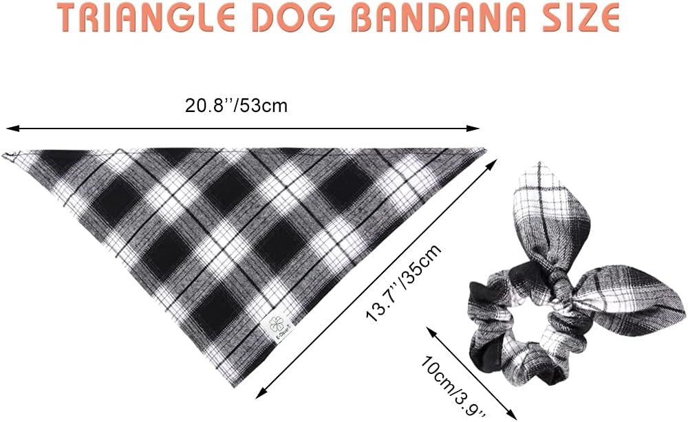E-Clover Plaid Dog Scarf & Matching Scrunchie Set - Triangle Pet Bandana Bibs for Small Dog Puppy