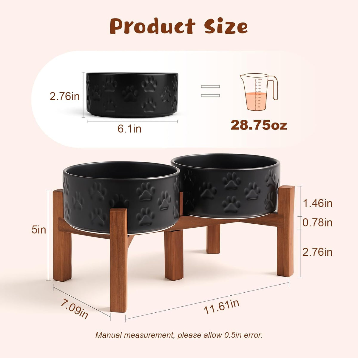 SPUNKYJUNKY Ceramic Elevated Dog Bowl Set with Acacia Wood Stand for Food and Water for Small