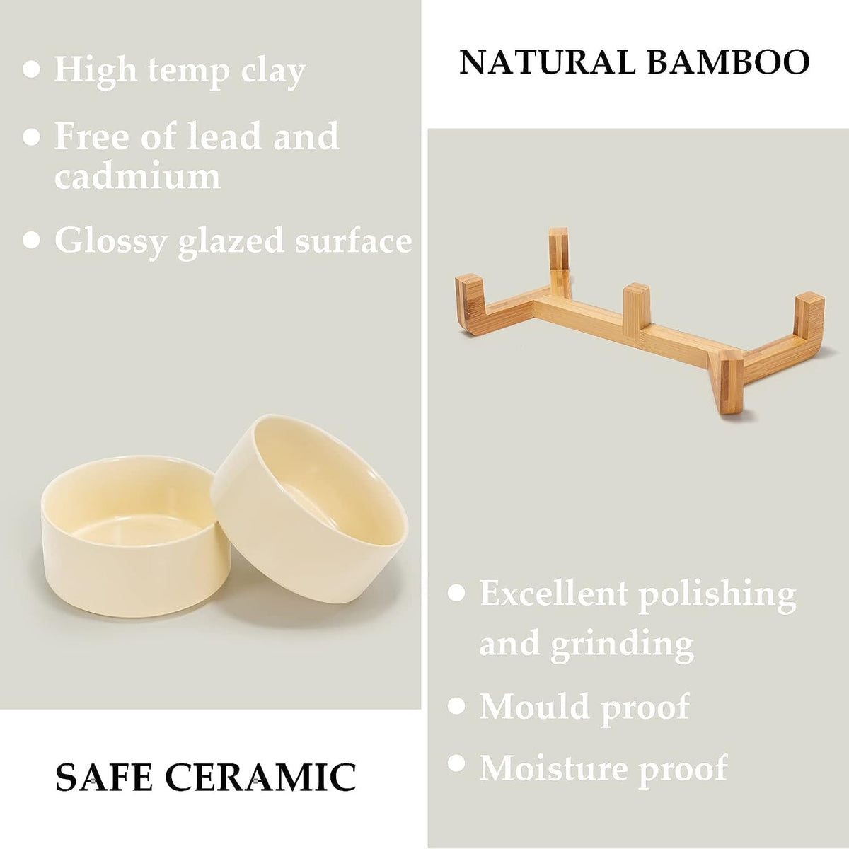 SPUNKYJUNKY Ceramic Dog and Cat Bowl Set with Wooden Stand, Modern Cute Weighted Food Water Set for