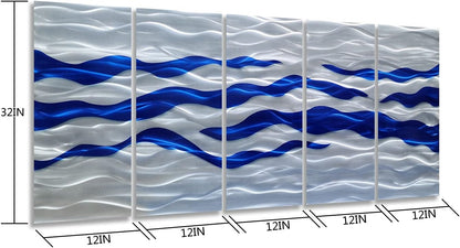 SYGALLERIER Abstract Coastal Metal Wall Art Handcrafted Big 3D Blue and Silver Artwork Modern Sea