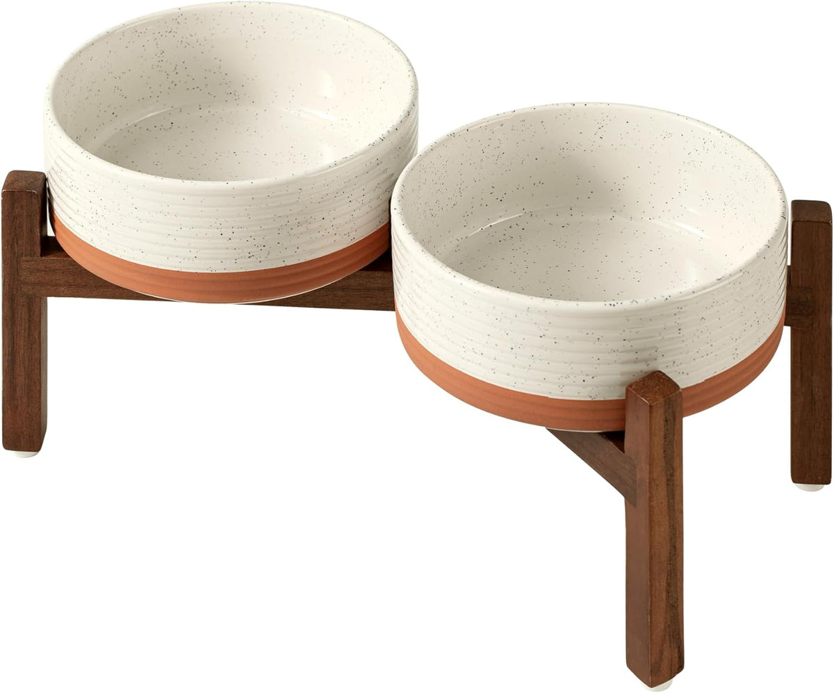 Ceramic 7.3inch Raised Double Dog Bowls Set with Acacia Wood Stand, Food & Water Bowls for Medium