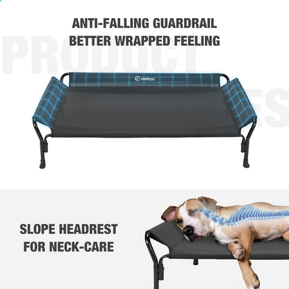 Veehoo Cooling Elevated Dog Bed, XL Raised Pet Cot with Guardrail & Slope Headrest, Durable