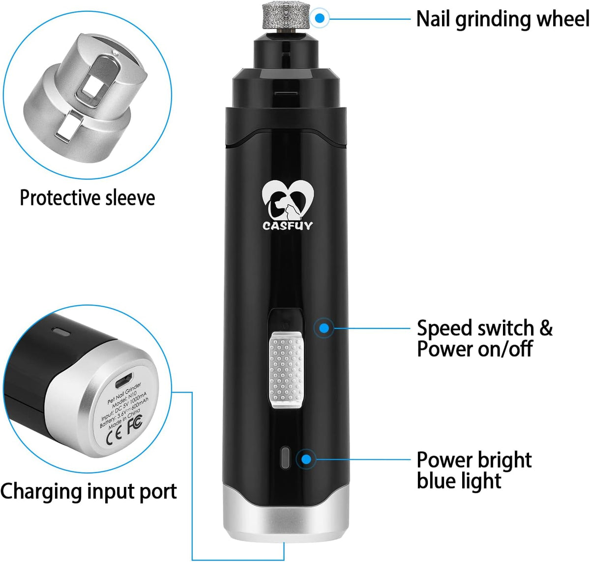Casfuy Dog Nail Grinder Upgraded - Professional 2-Speed Electric Rechargeable Pet Nail Trimmer