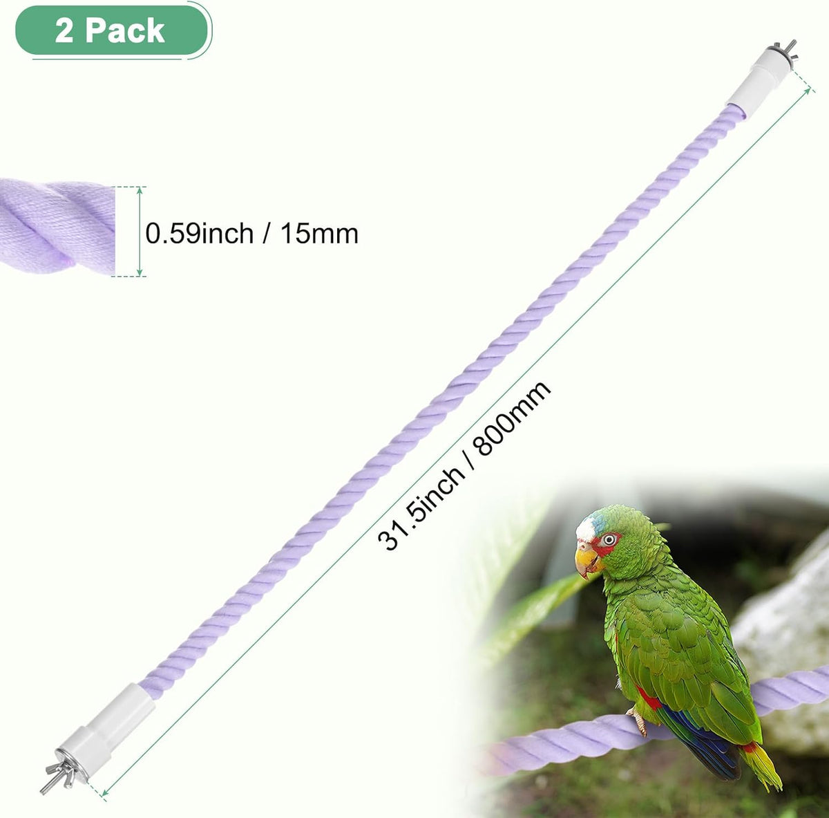 2-Pack Rope Perches for Bird Cages, 31.5 in Length Comfort Grip Flexible Rope Perch Beak & Paw