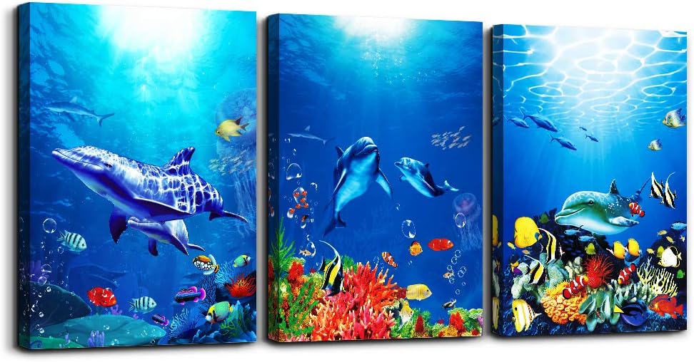blue ocean fish 3 Pieces Framed Wall Art for Living Room Bathroom Wall Decoration Canvas Print