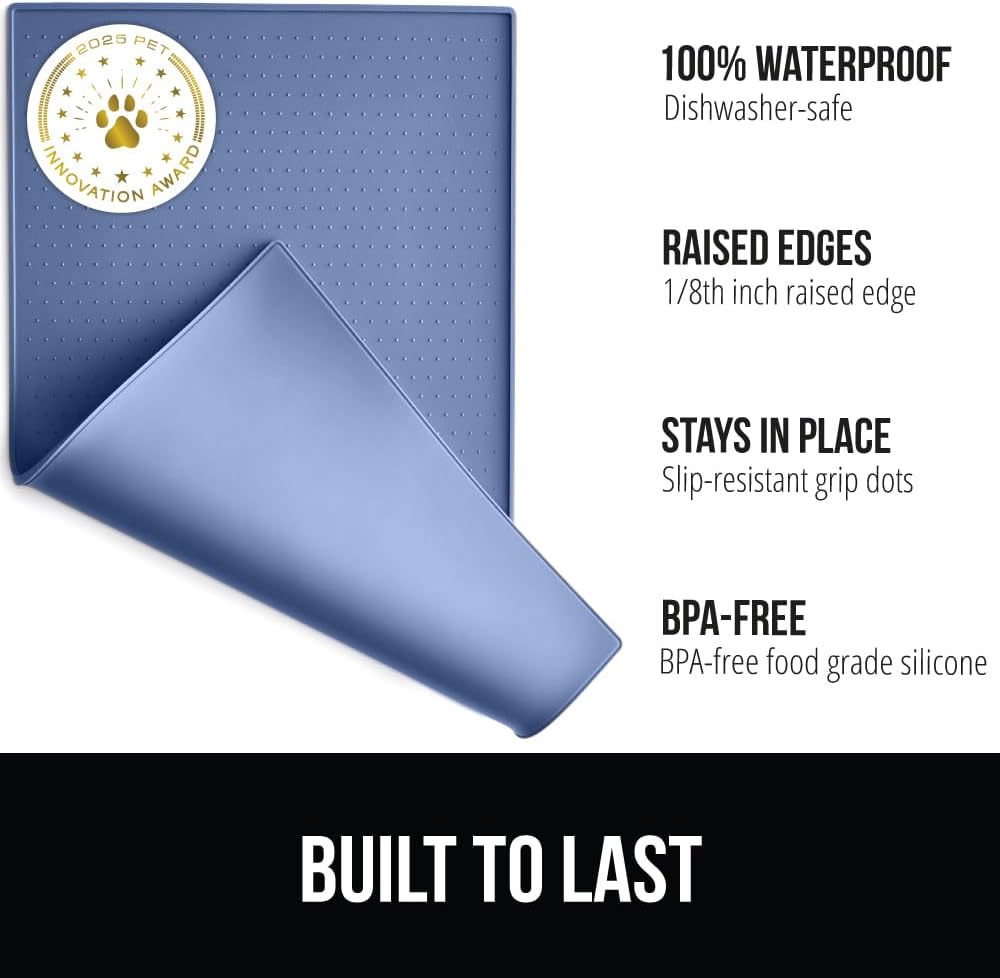 GORILLA GRIP 100% Waterproof Raised Edge BPA Free Silicone Pet Feeding Mat, Dog Cat Food Mats