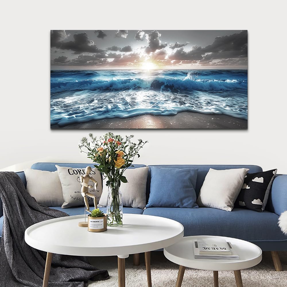 hyidecorart Large Wall Art For Living Room Modern Wall Decor For Office Blue Beach Painting Sea
