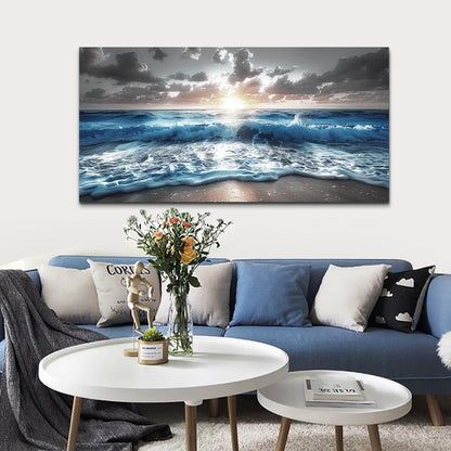 hyidecorart Large Wall Art For Living Room Modern Wall Decor For Office Blue Beach Painting Sea