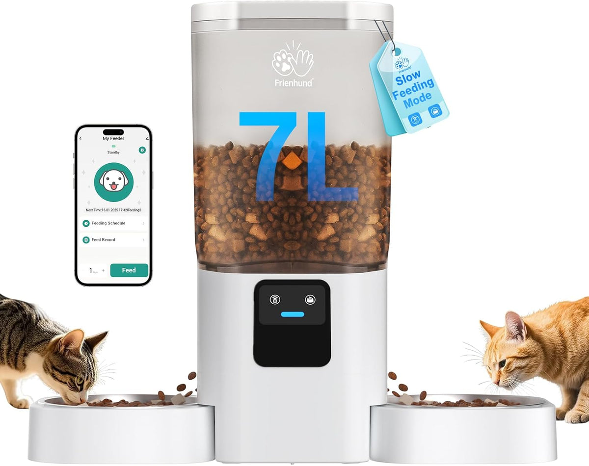 Automatic Cat Feeder with Slow Feed for 2 Cats: 5G WiFi Automatic Dog Feeder with 7L Large Food