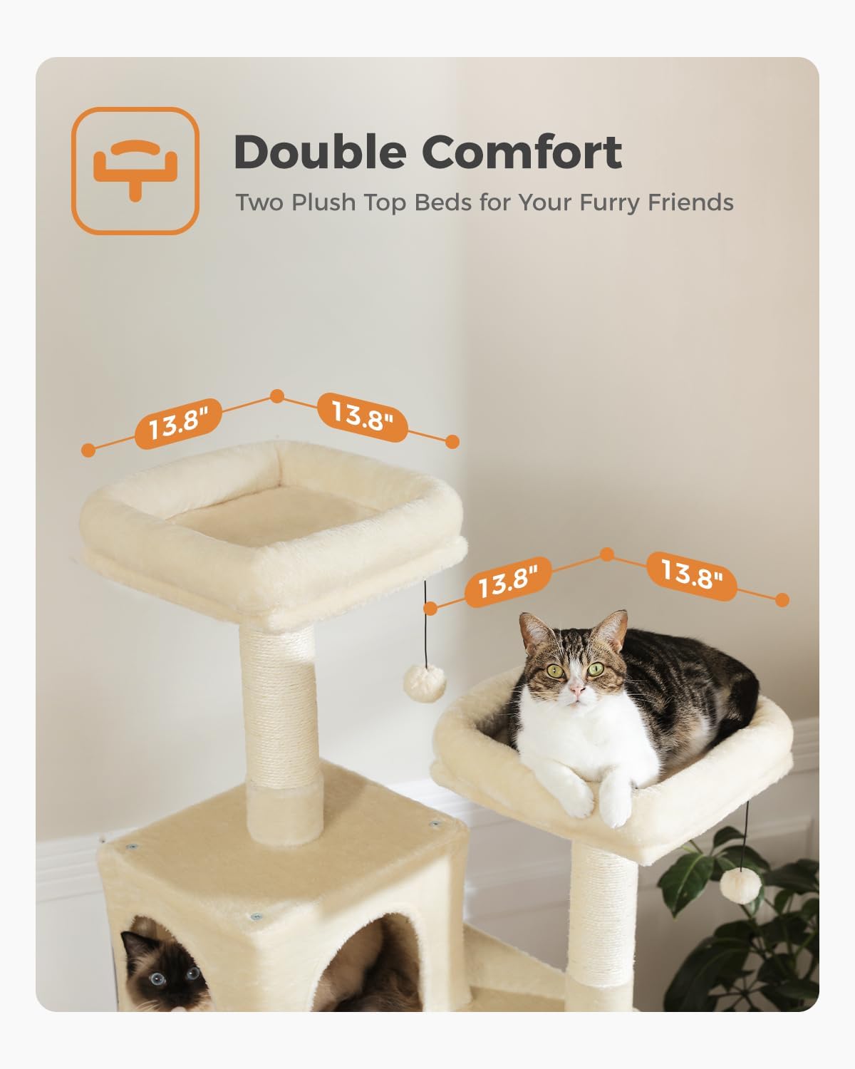 PAWZ Road 70 Inch Cat Tower, Tall Cat Tree with 2 Cozy Condos, 2 Plush Perch, Large Basket, 2