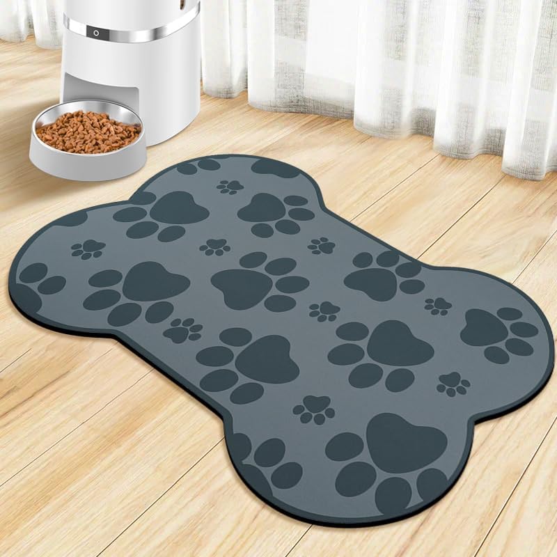 Dog Food Mats for Floors Waterproof, Pet Feeding Absorbent Water Bowl Mat Cat Placemats Gray Bone