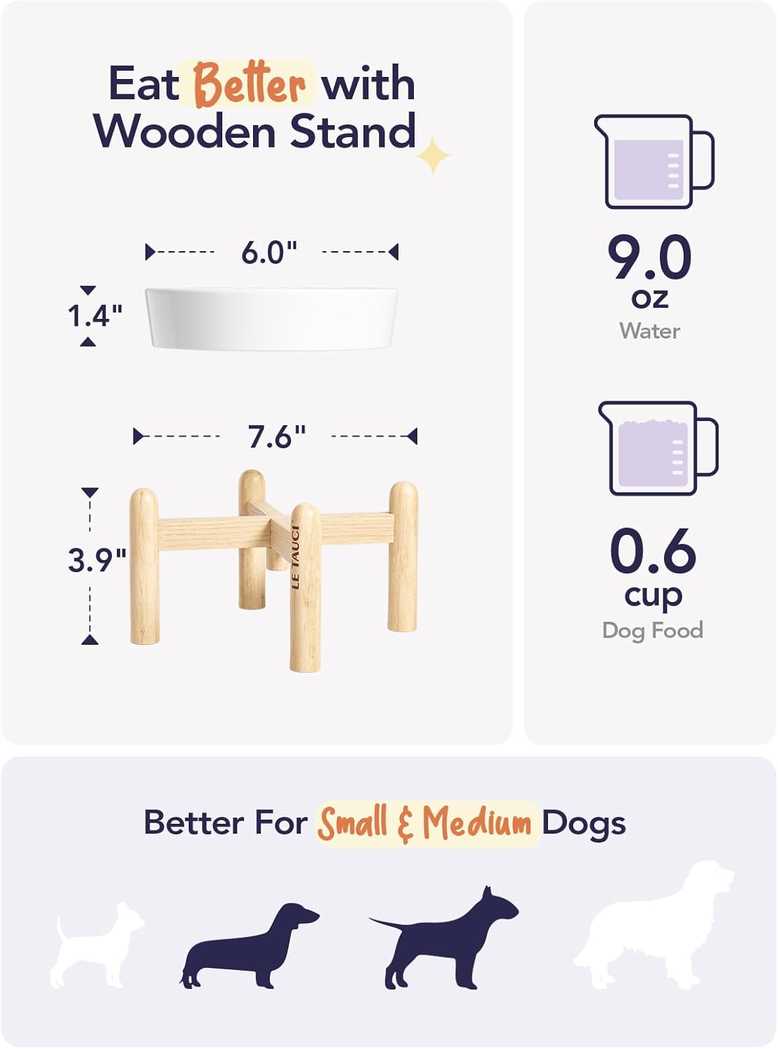 LE TAUCI Ceramic Slow Feeder Dog Bowls Small Breed, 0.6 Cups Elevated Dog Bowl for Fast Eaters