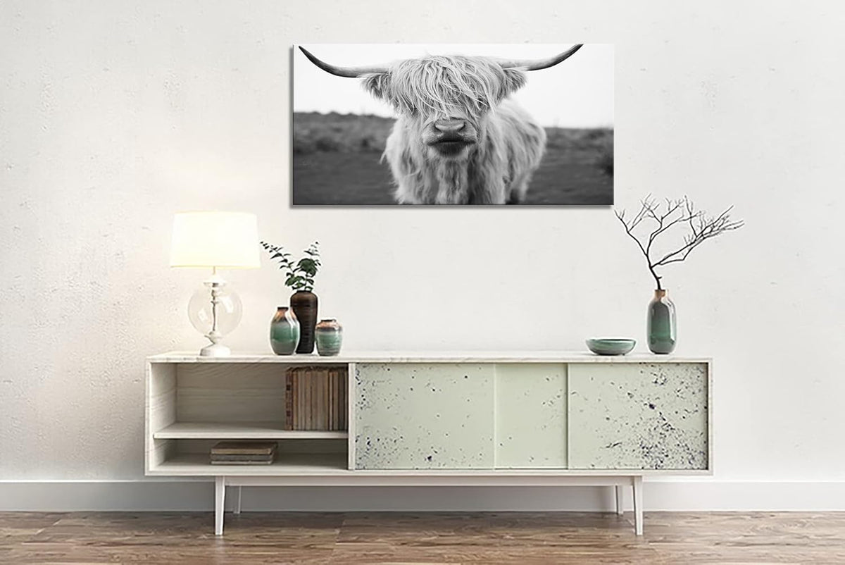 XXMWallArt FC3650 Highland Cow Canvas Art - Black and White Animal Wall Art for Living Room