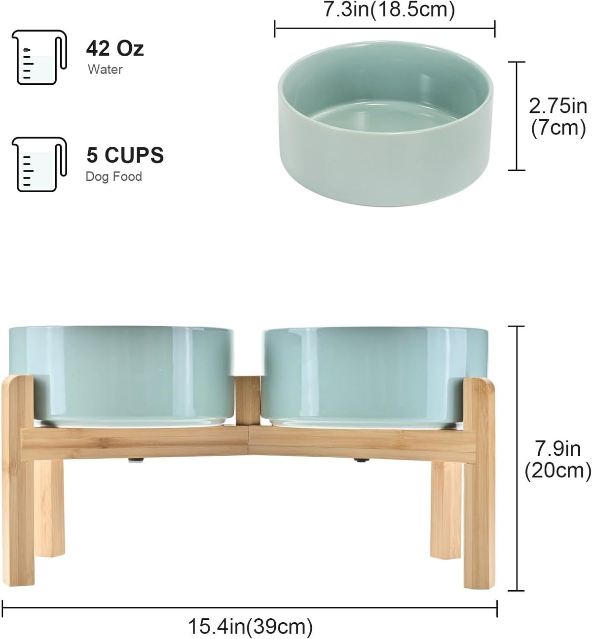SPUNKYJUNKY Elevated Dog Bowls Ceramic, 7.3'' Dogs Food Water Bowls Raised with Non-Slip Bamboo