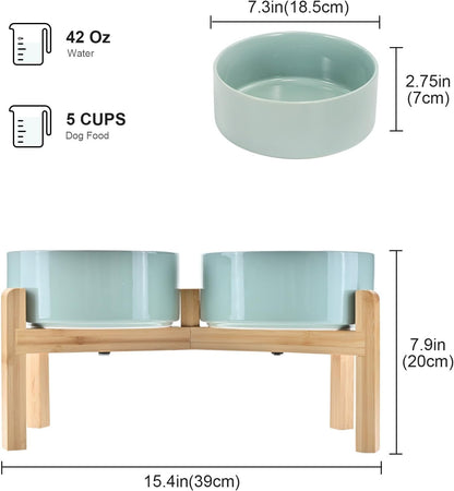 SPUNKYJUNKY Elevated Dog Bowls Ceramic, 7.3'' Dogs Food Water Bowls Raised with Non-Slip Bamboo