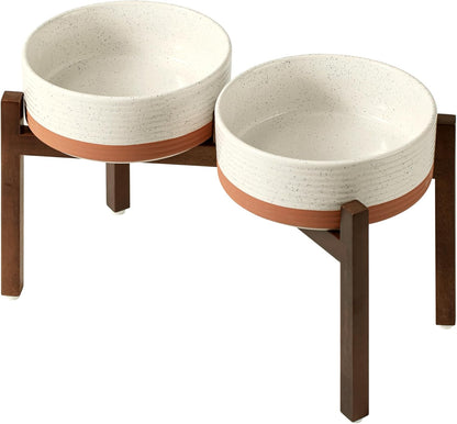 Ceramic 8.2inch Raised Double Dog Bowls Set with Acacia Wood Stand, Food & Water Bowls for Large
