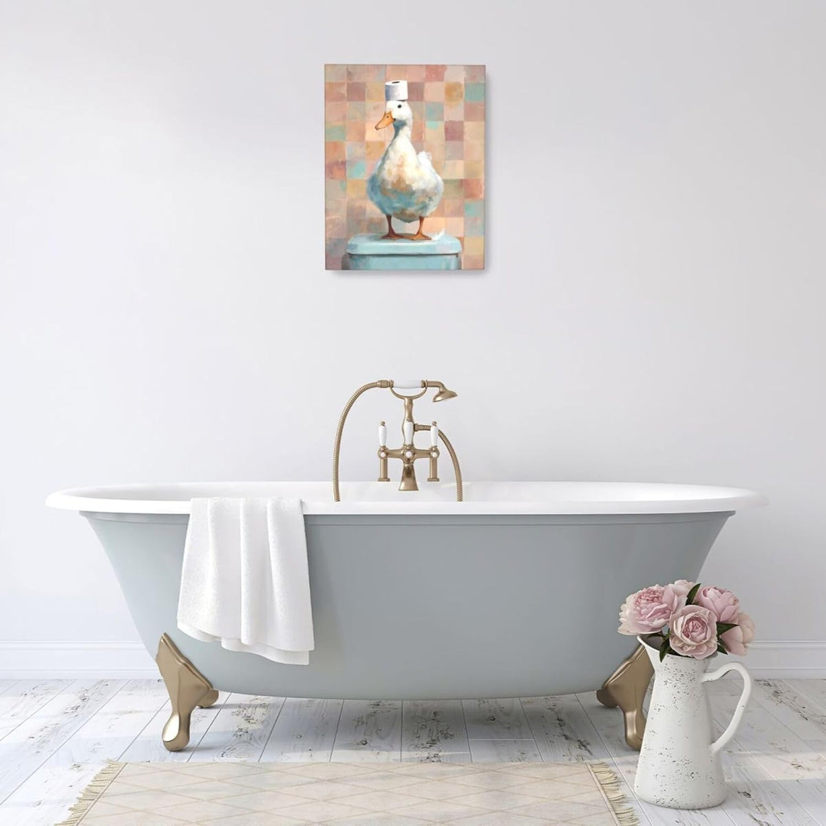 Funny Duck Bathroom Wall Art Cute Duck on Toilet Canvas Wall Decor Funny Quirky Farm Animal