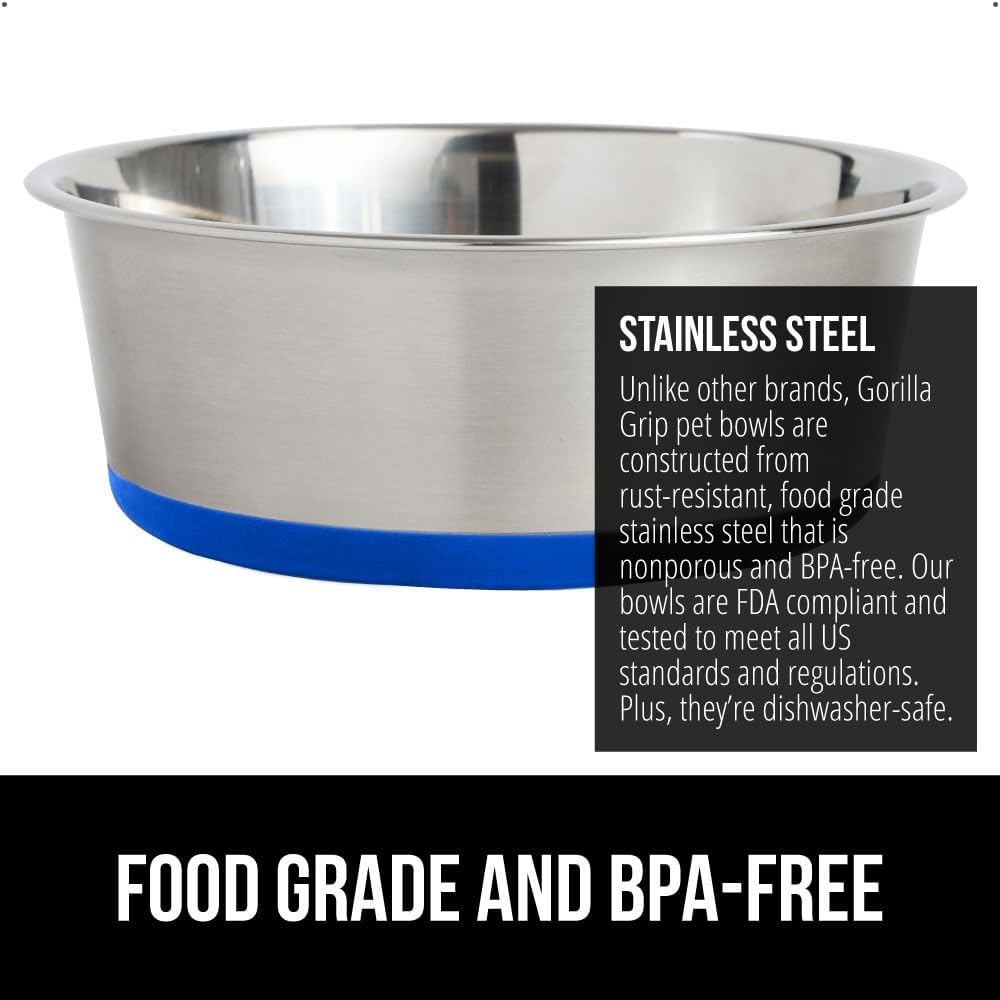GORILLA GRIP Set of 2 Dog Bowls, Holds 6 Cups (48 fl oz), Heavy Duty Metal Food and Water Bowl for