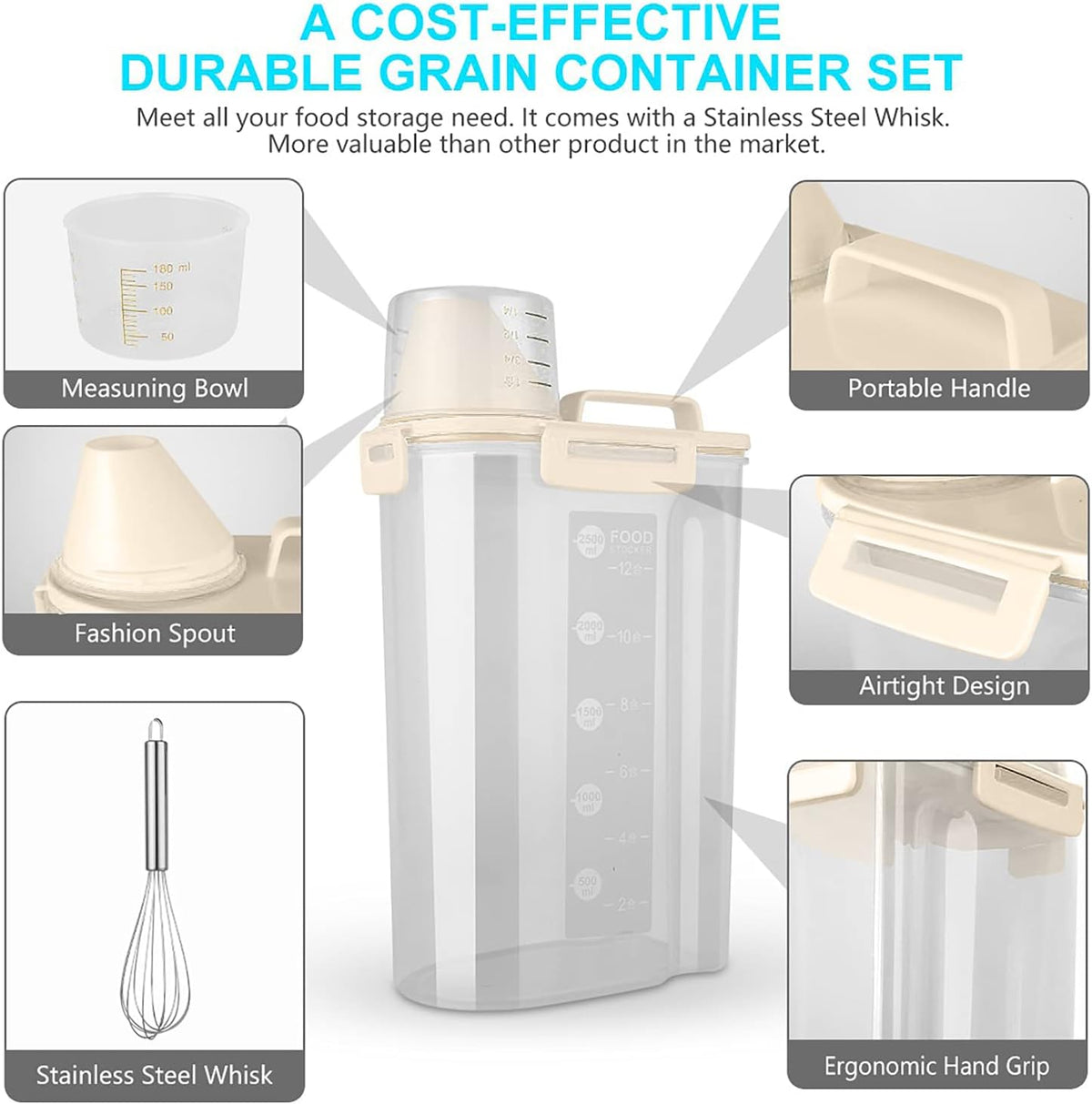 Rice Airtight Dry Food Storage Containers, BPA Free Plastic Storage Bin Dispenser with Pourable