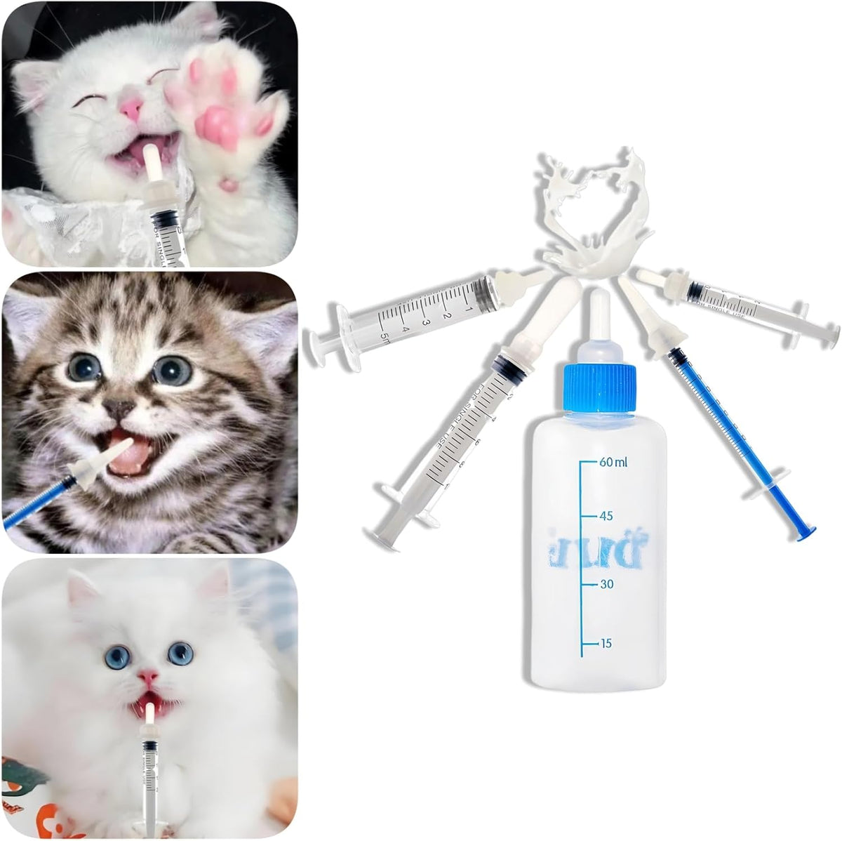 Kitten Bottle Feeding Kit 1ml 3ml 5ml 10ml 60ml - Kitten Puppy Milk Replacement Small Animals