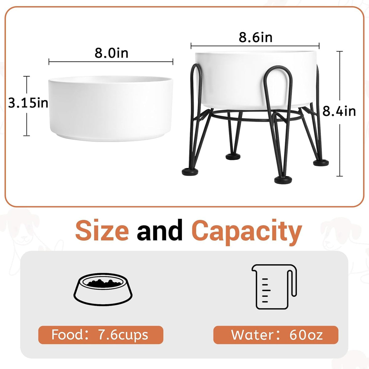 Elevated Dog Bowls, Ceramic Raised Dog Bowl Set with Anti-Slip and Non-Tip Metal Stand, 2 Pack Pet