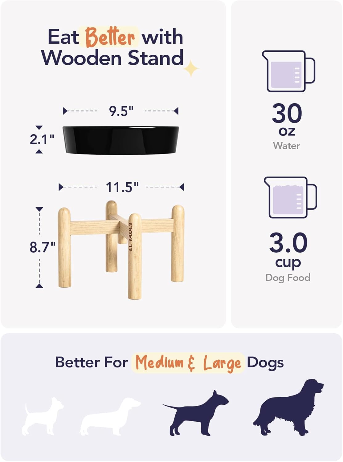 LE TAUCI Ceramic Slow Feeder Dog Bowls Elevated, 3 Cup Raised Bowl with Wooden Stand for Medium