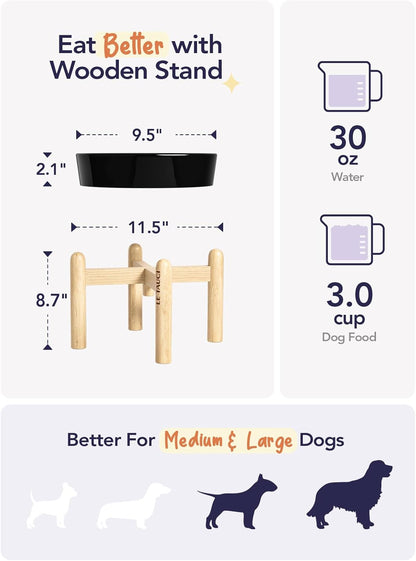 LE TAUCI Ceramic Slow Feeder Dog Bowls Elevated, 3 Cup Raised Bowl with Wooden Stand for Medium