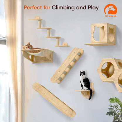 Wall-Mounted Cat Furniture for Climbing - Indoor Wooden Floating Shelves, Perches, Hammock, Bed