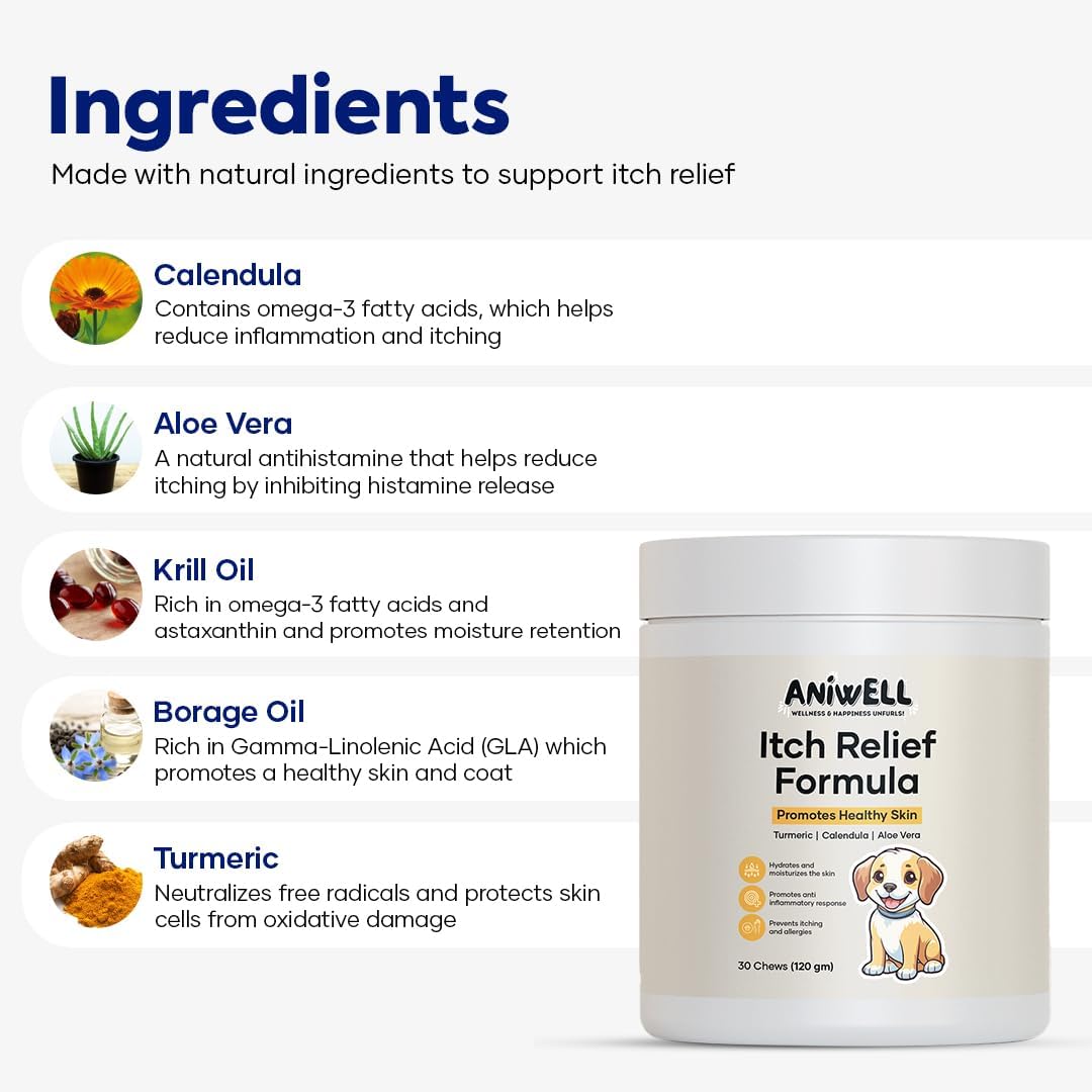 Itch Relief Chews for Dogs – Vitamin E & Borage Oil Supplement – Packed with Beneficial Fatty Acids