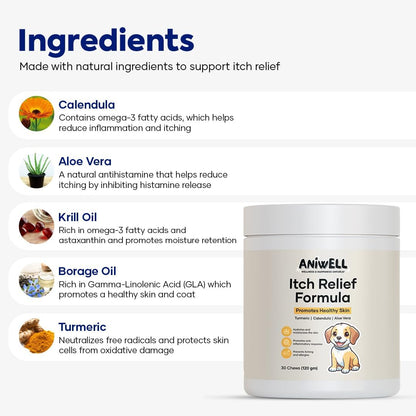 Itch Relief Chews for Dogs – Vitamin E & Borage Oil Supplement – Packed with Beneficial Fatty Acids