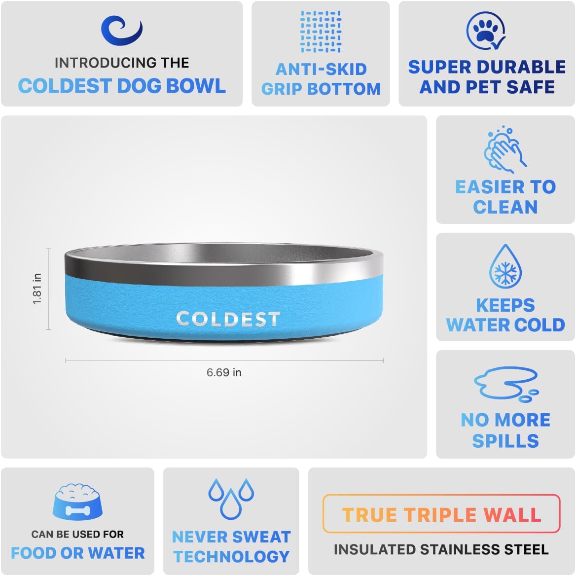 Coldest Dog Bowl - Anti Rust Metal, Non Slip, 3 Layers Insulated Stainless Steel Dog Bowls - Spill