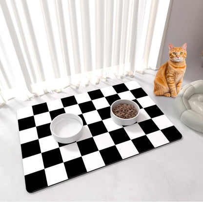 Cat Food Mat - 12"x 20" Cat Dog Mats for Food and Water Bowl, Checkered Pet Placemat Feeding Mat
