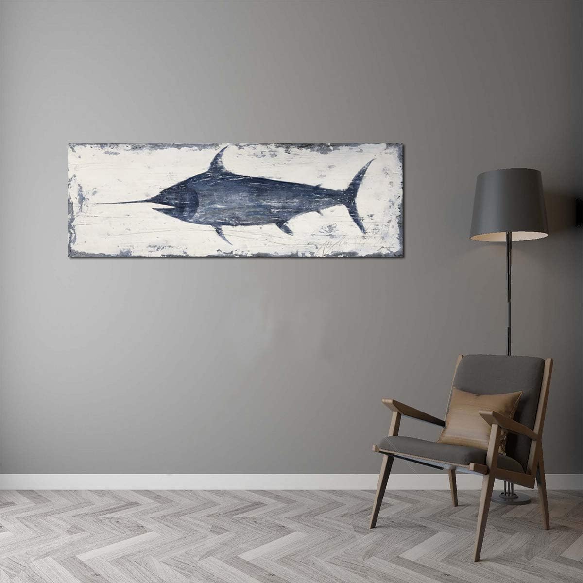 Yihui Arts Indigo Blue Swordfish Canvas Wall Art Painting Pictures for Living Room Bedroom Bathroom