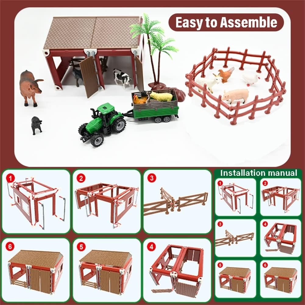 BOLZRA Mini Barn Playset, 66PCS Plastic Animals Figurines and Fence, Farm Figures Farmer Vehicle