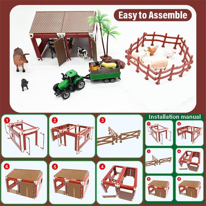 BOLZRA Mini Barn Playset, 66PCS Plastic Animals Figurines and Fence, Farm Figures Farmer Vehicle