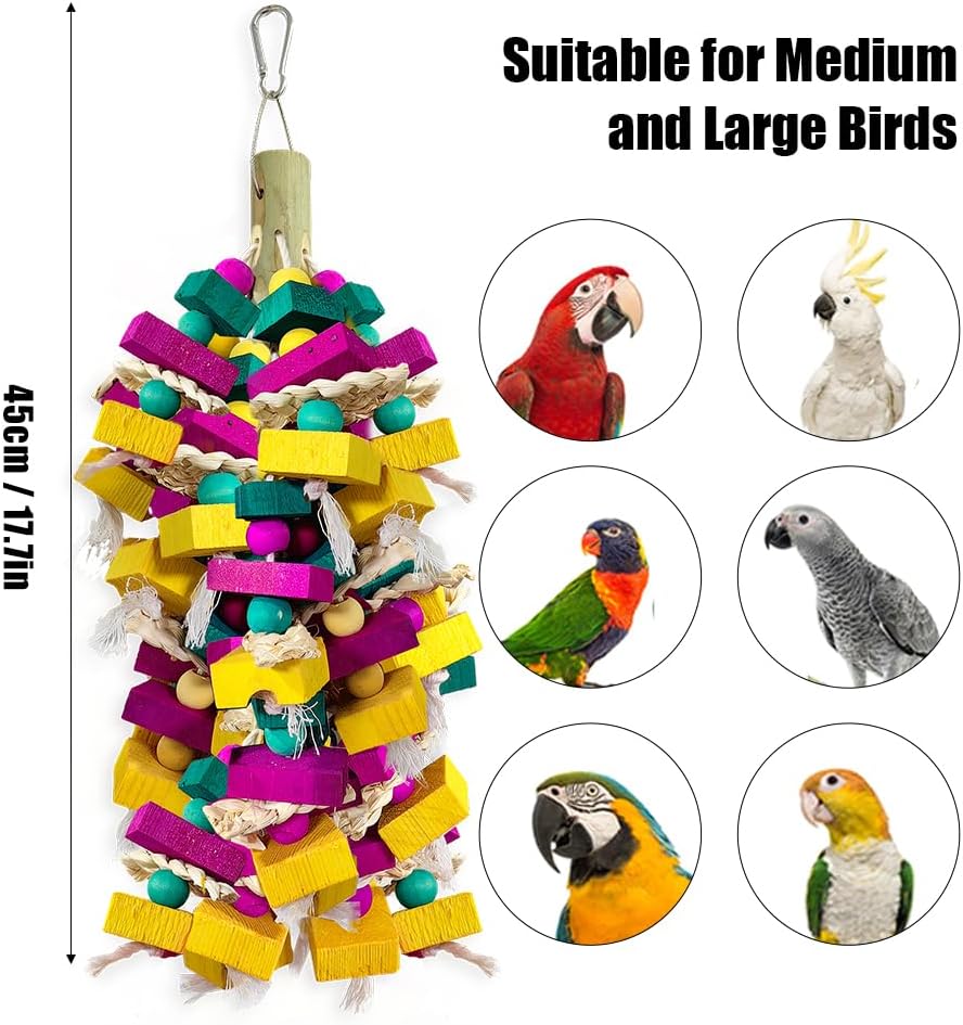 Large Bird Toys, Multi-Color Wooden Block with Bamboo Support Bird Chewing Toy Parrot Cage Bite Toy