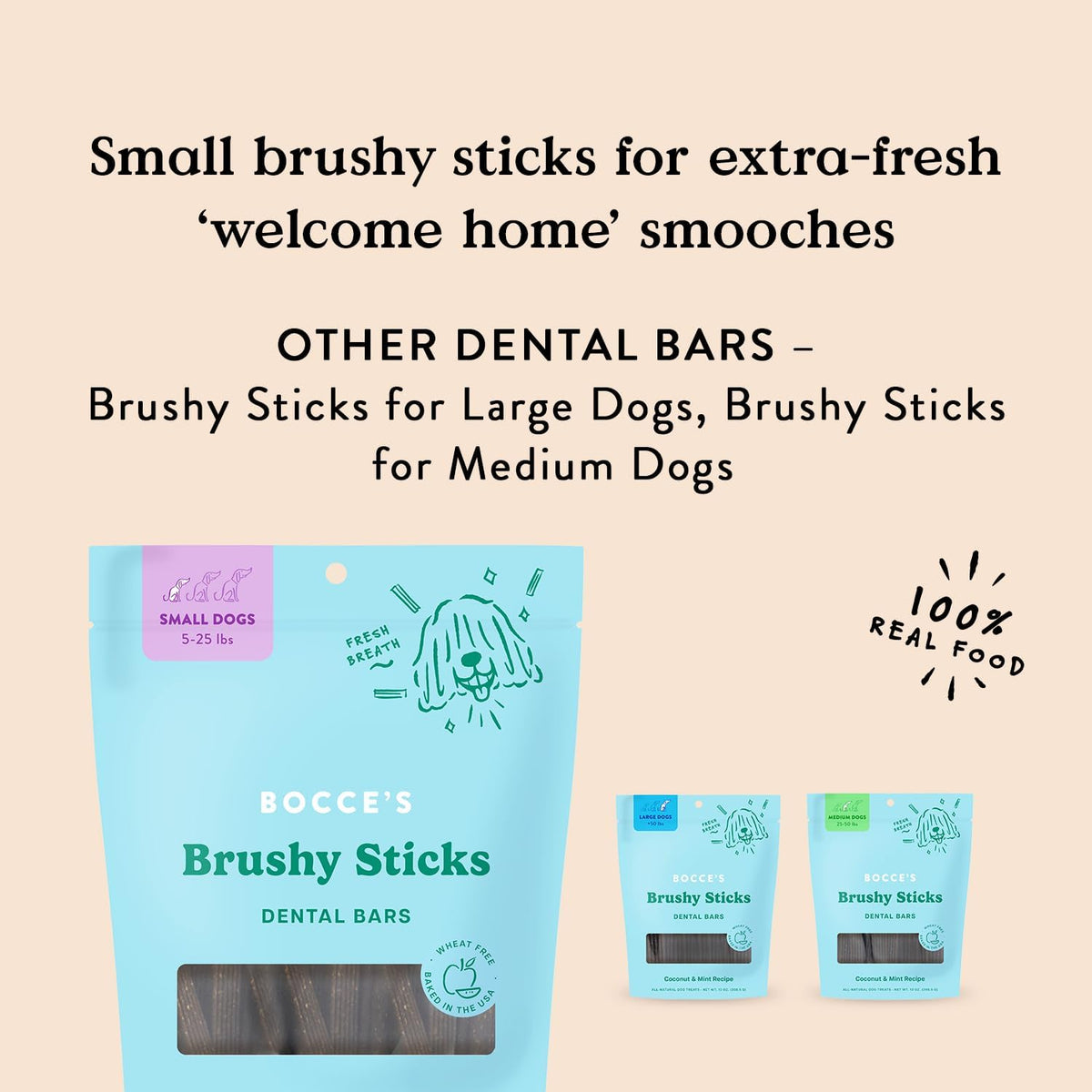 Bocce’s Bakery Dailies Brushy Sticks to Support Oral Health & Fresh Breath, Wheat-Free Dental Bars