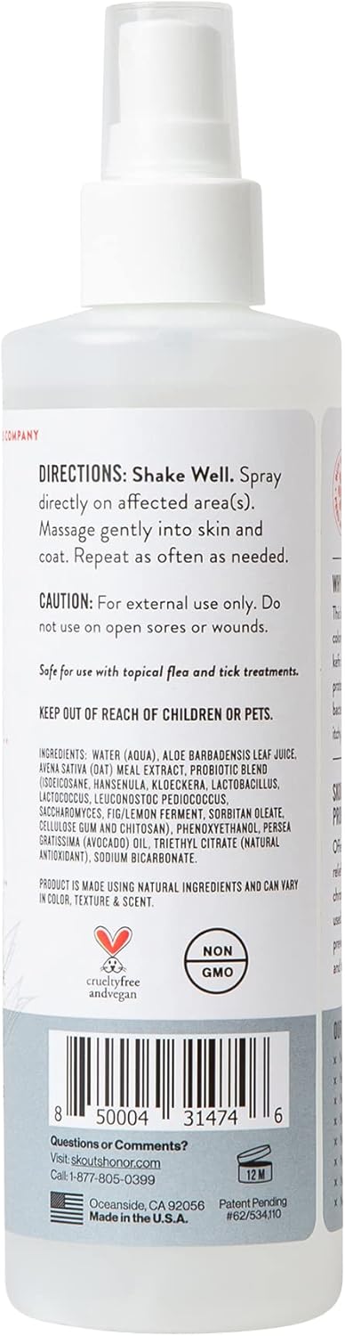 SKOUT'S HONOR Probiotic Itch Relief Spray for Pets - Non-Medicated, Fragrance-Free, Natural, Vegan