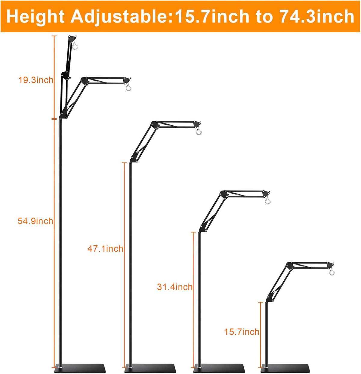 Reptile Lamp Stand Reptile Light Stand (15.7inch to 74.3inch) with 360° Adjustable Swing Arm, Heat
