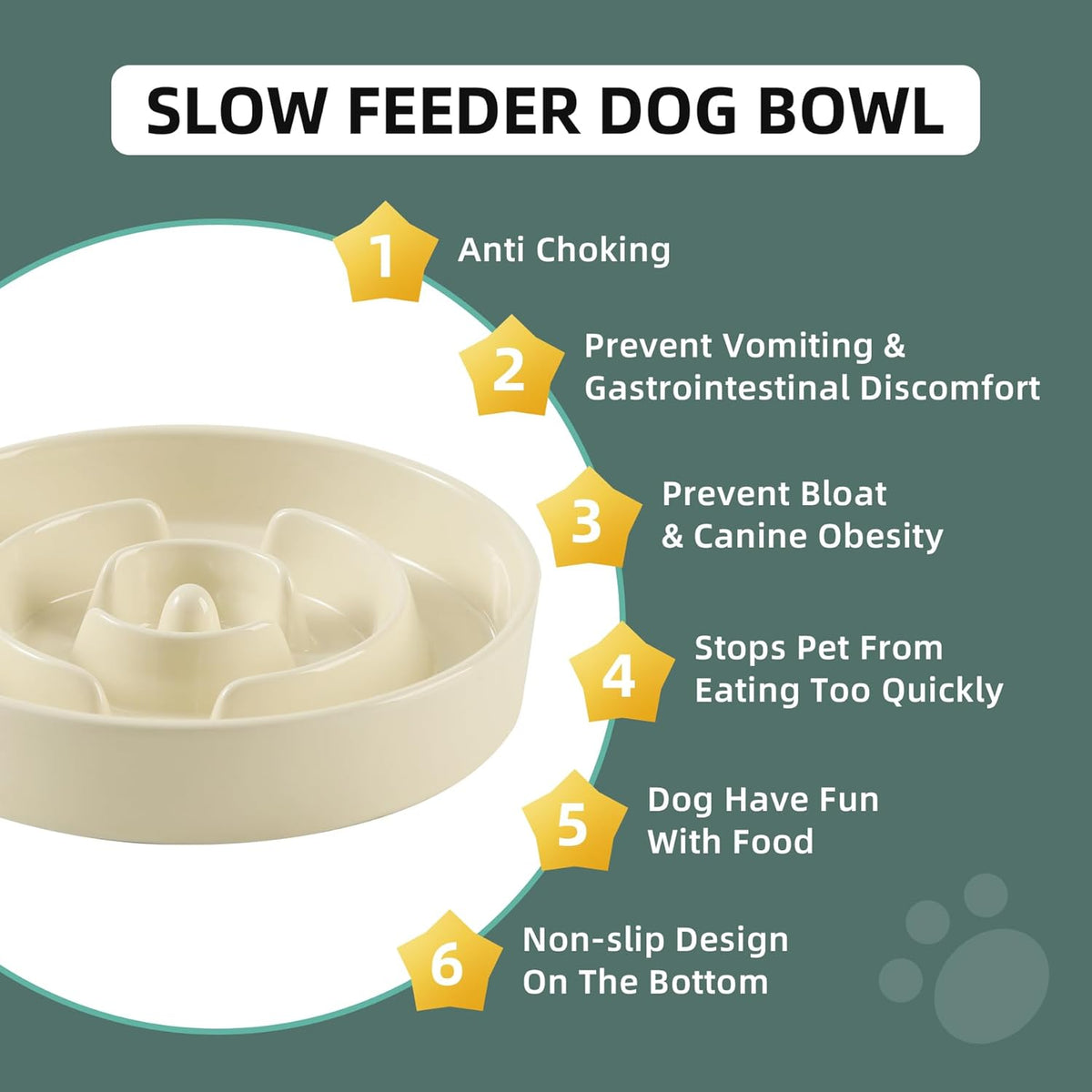 7.3inch Ceramic Slow Feeder Dog Bowl for Medium and Large Breed, Puzzle Dog Food Dish