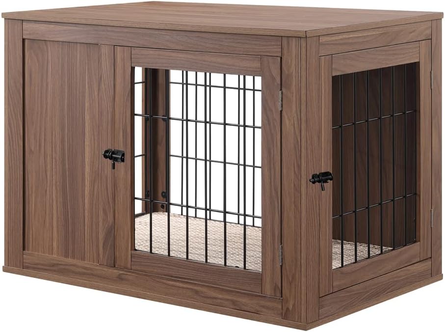 unipaws 36 Inch Furniture Style Dog Crate End Table with Cushion, Wooden Wire Pet Kennels with