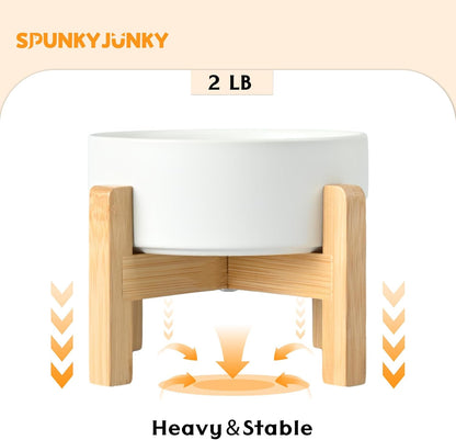 SPUNKYJUNKY Ceramic Elevated Dog Bowls 2 Pack - 6.1inch Raised Dog Bowls with Non-Slip Wooden Stand