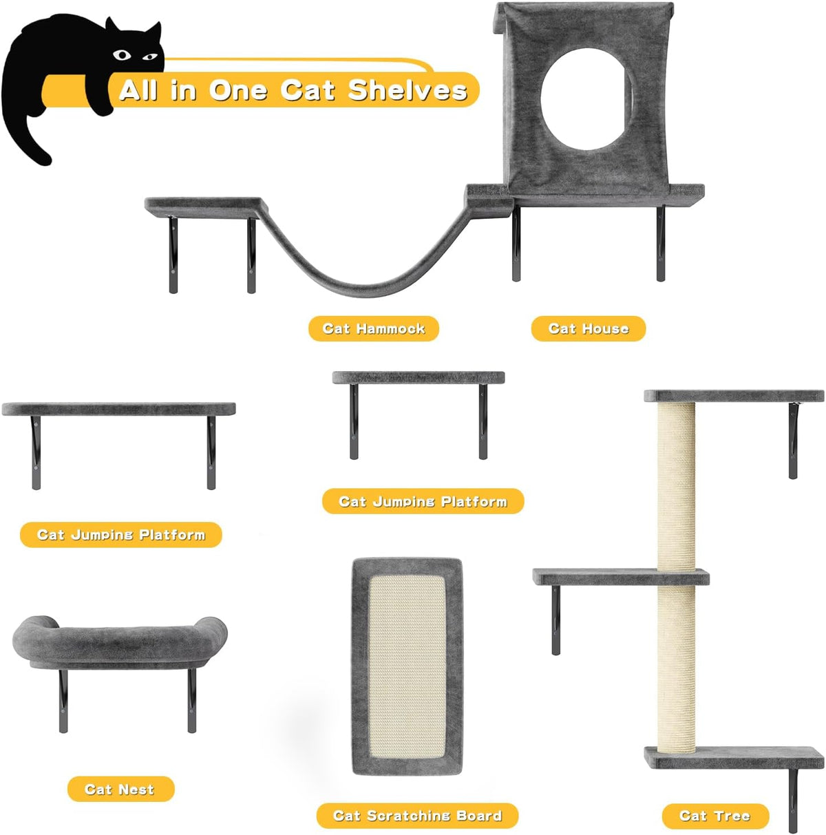 NUNU LAB Wall Mounted Cat Furniture, 6 Pcs Cat Wall Shelves with Condo House, Bridge, Steps